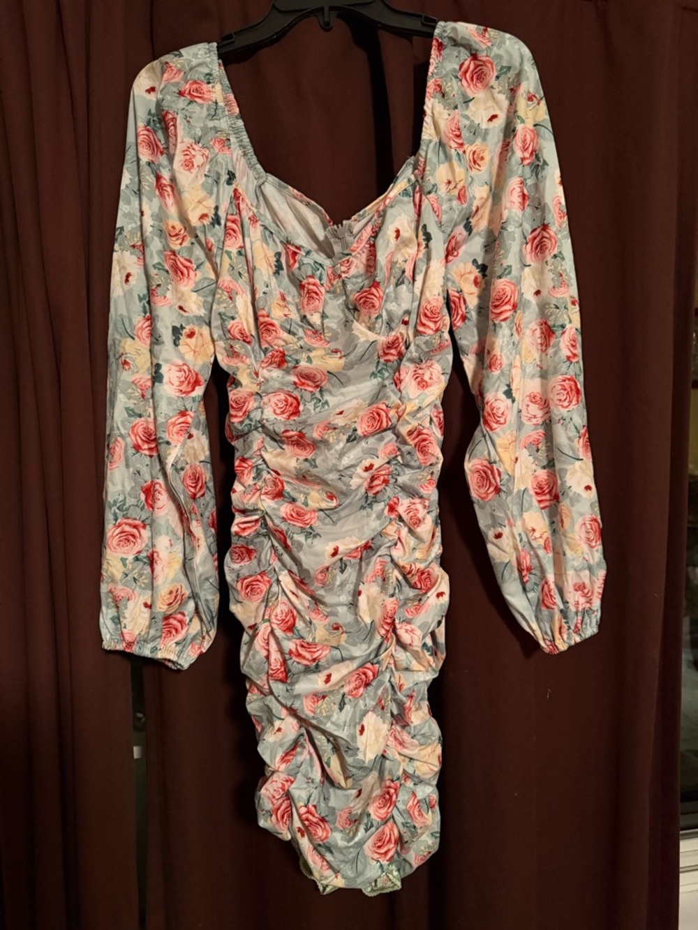 Ruched Long-Sleeve Floral Mini Dress - Pink Rose on Light Blue